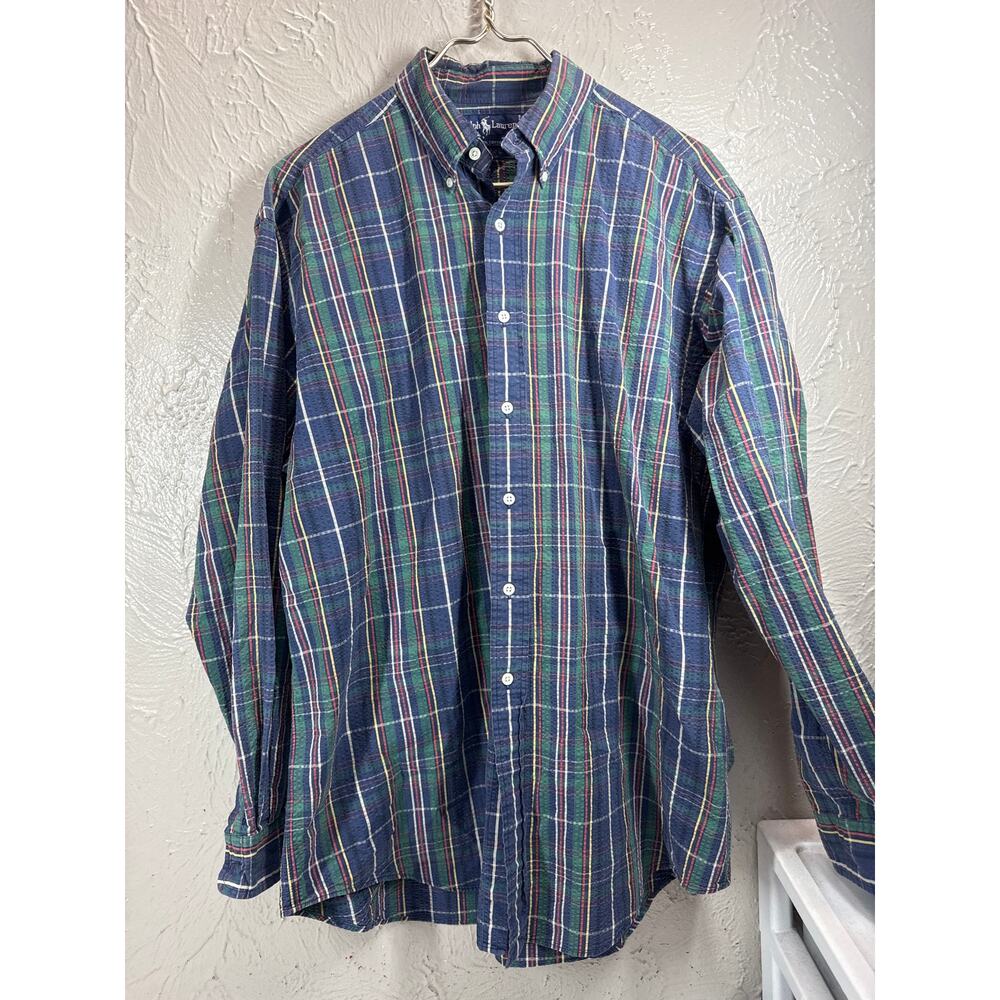 Vintage Ralph Lauren Polo Green Check Plaid Button Up Crinkle Shirt Mens Large